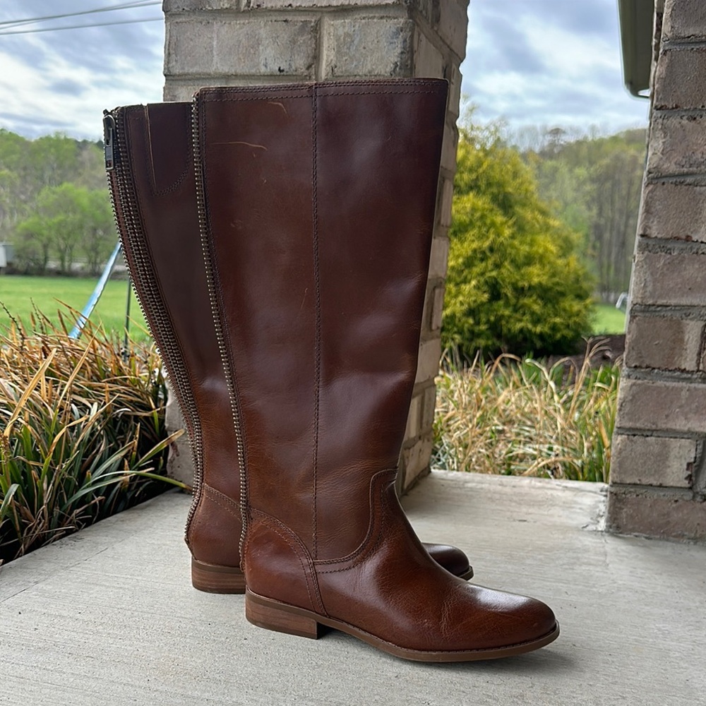 Frye & Co Leather Back Zip Tall Boots Jolie Cognac